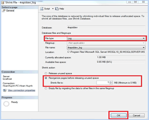 sql log shrink window