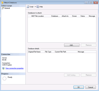 ssms database attachment window