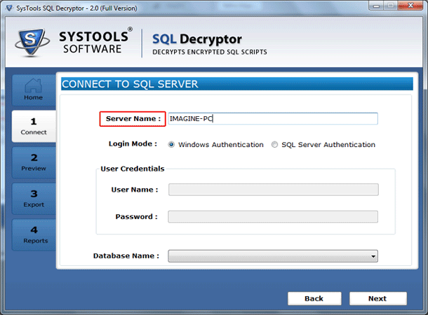 fill sql server details