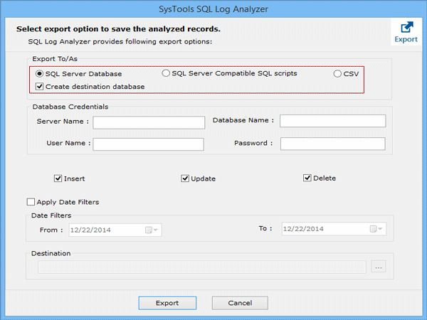 export sql log data to sql server