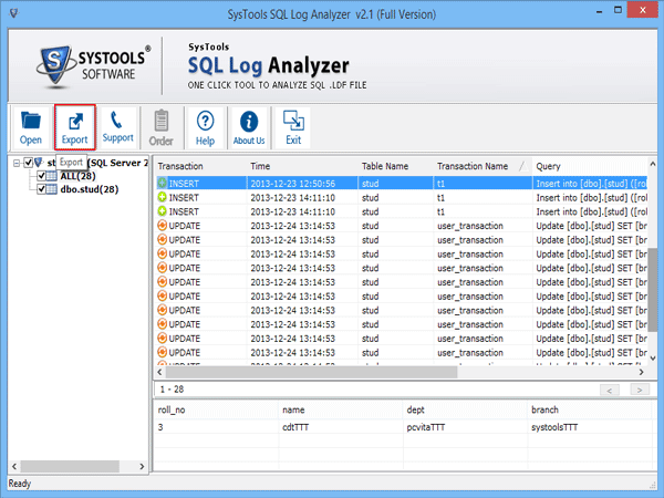 export sql log file data